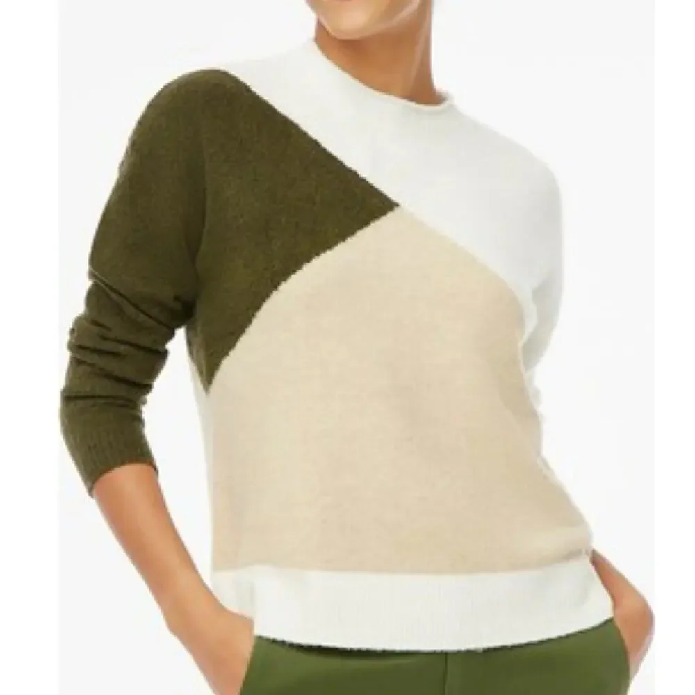 J. Crew Colorblock Mockneck Sweater Merino Wool Blend Green Cream White NWT XS